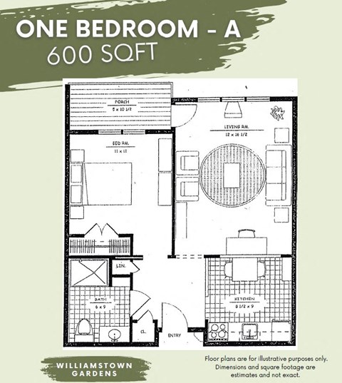 Floor plan for 1 bed, 1 bath, 600 sqft